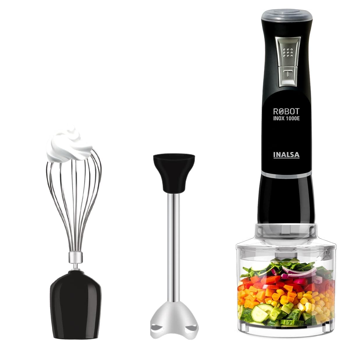 INALSA Hand Blender 1000 Watts with Chopper, Whisker| Variable Speed & Turbo Speed Function|100% Copper Motor|0.6Liter|Low Noise |Anti-Splash Technology|Home&kitchen|2 Year Warranty (Robot Inox 1000E)