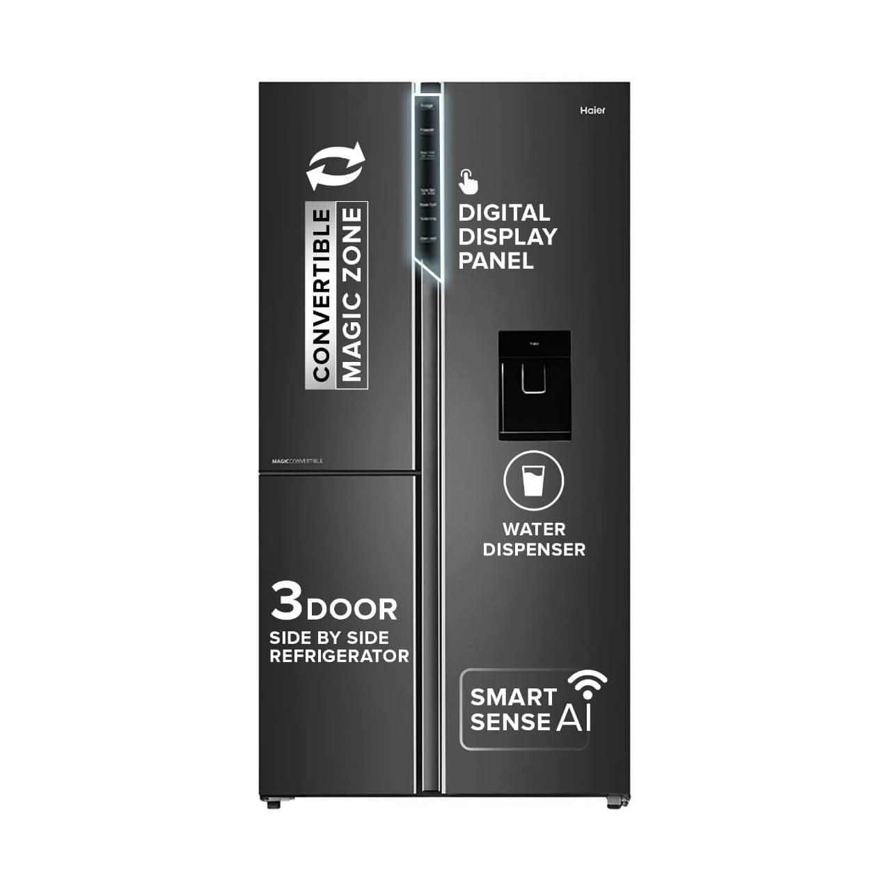 Haier SmartChoice 592L 3Star 3-Door Water Dispenser Side by Side Frost Free Refrigerator|Convertible|Smart Sense AI|Inverter|Digital Display Panel (2025 Model, HRT-683WGKU1, Graphite Black)