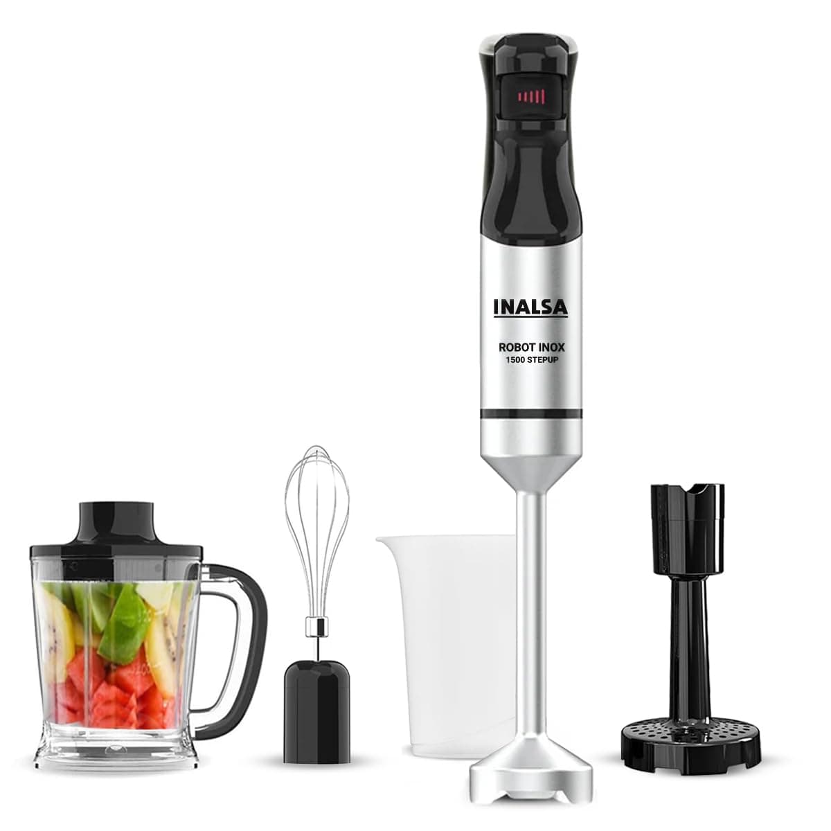 INALSA Hand Blender 1500 W|Silent DC Copper Motor|European Stepless Variable Speed Design| X.Large 1L Chopper|Unique Potato Masher| Detachable| Stainless Steel-Robot INOX 1500 StepUp