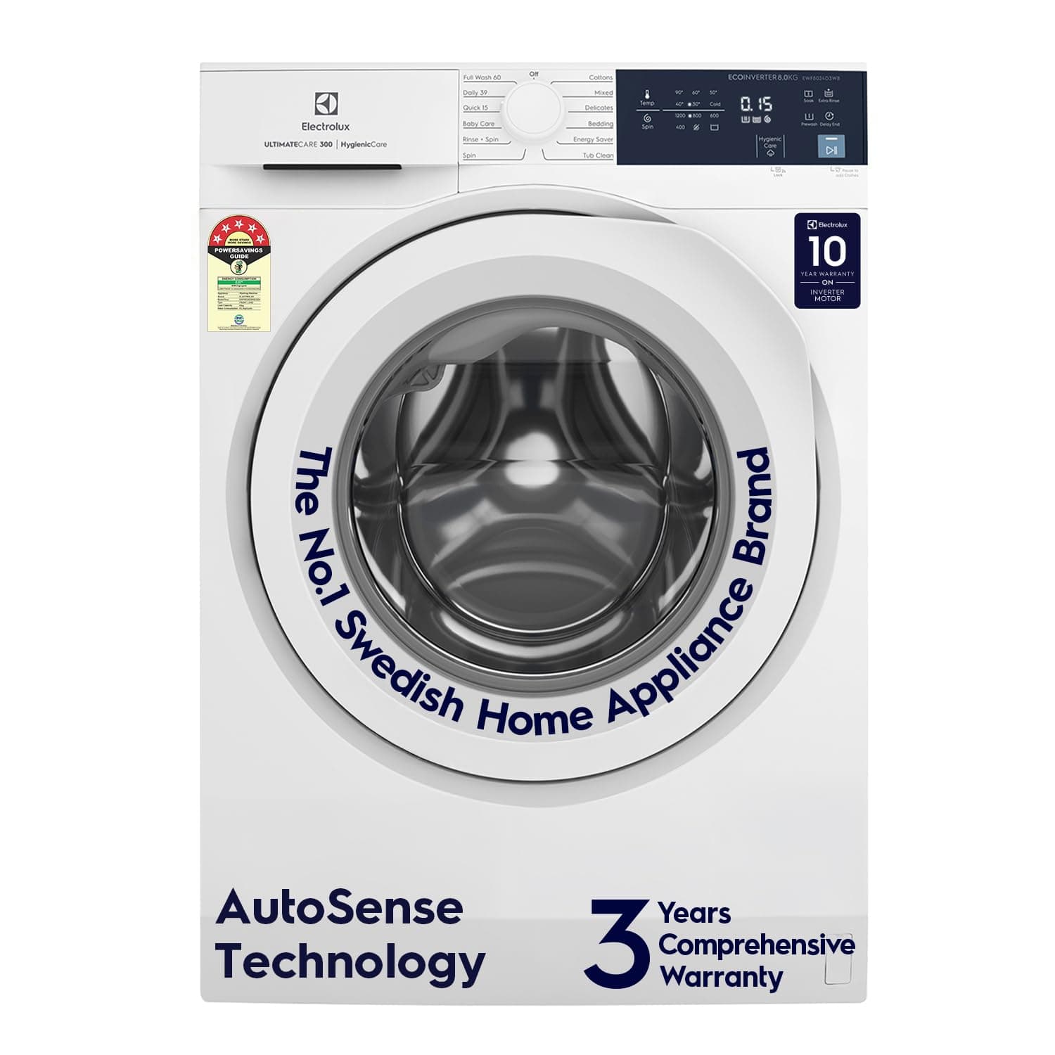 Electrolux 8kg 5 Star Front Load Washing Machine, 3 Year Warranty, AutoSense Technology, Full Load Vapour Wash, Hygienic Care, EcoInverter Motor, UltimateCare 300, EWF8024D3WB, White