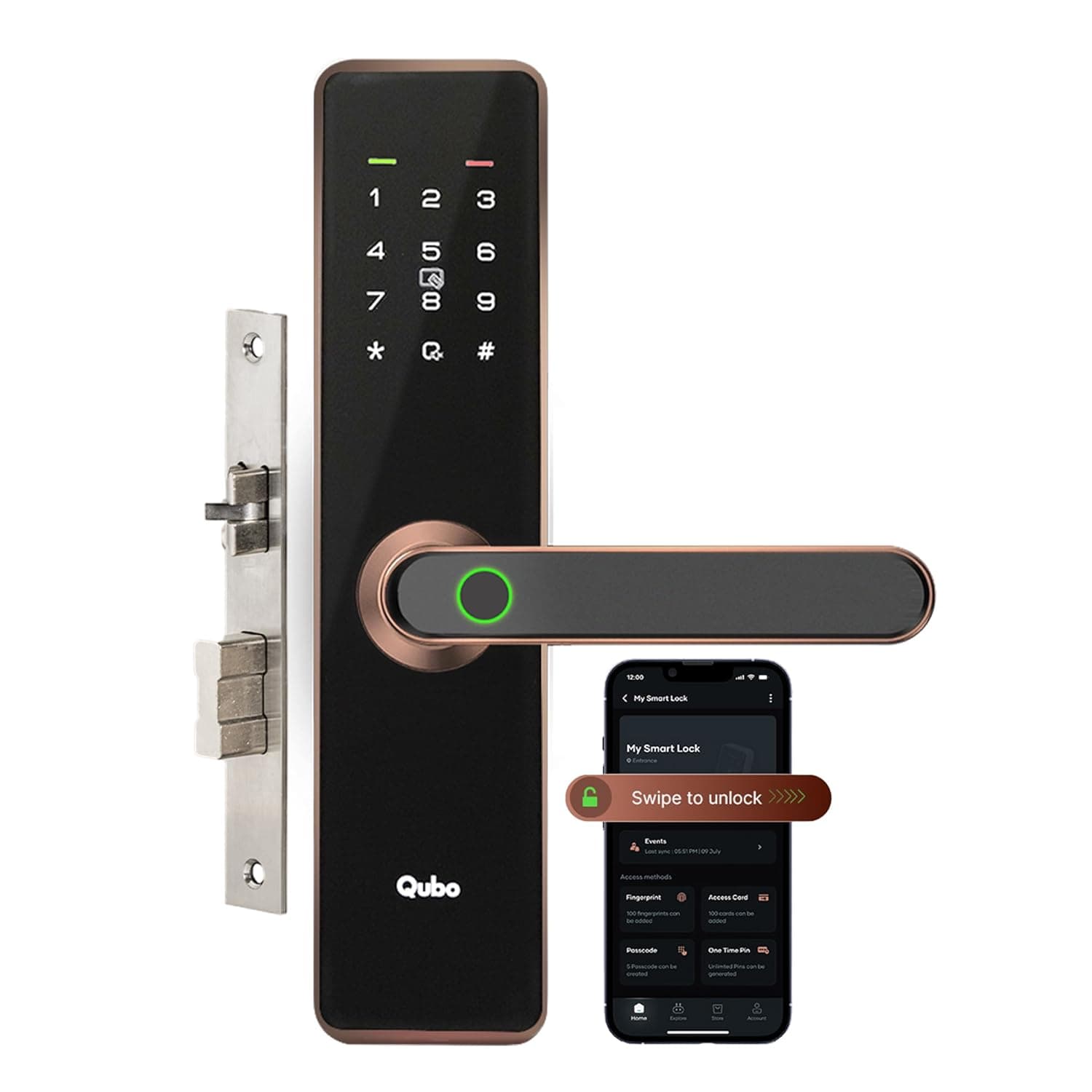 QUBO Smart Door Lock Essential (2025 Edition) from Hero Group | 7-Way Unlocking | Mobile App | Fingerprint | OTP Remote Unlocking | PIN | RFID Card | Mechanical Key | 2 Year Brand Warranty | (Copper)