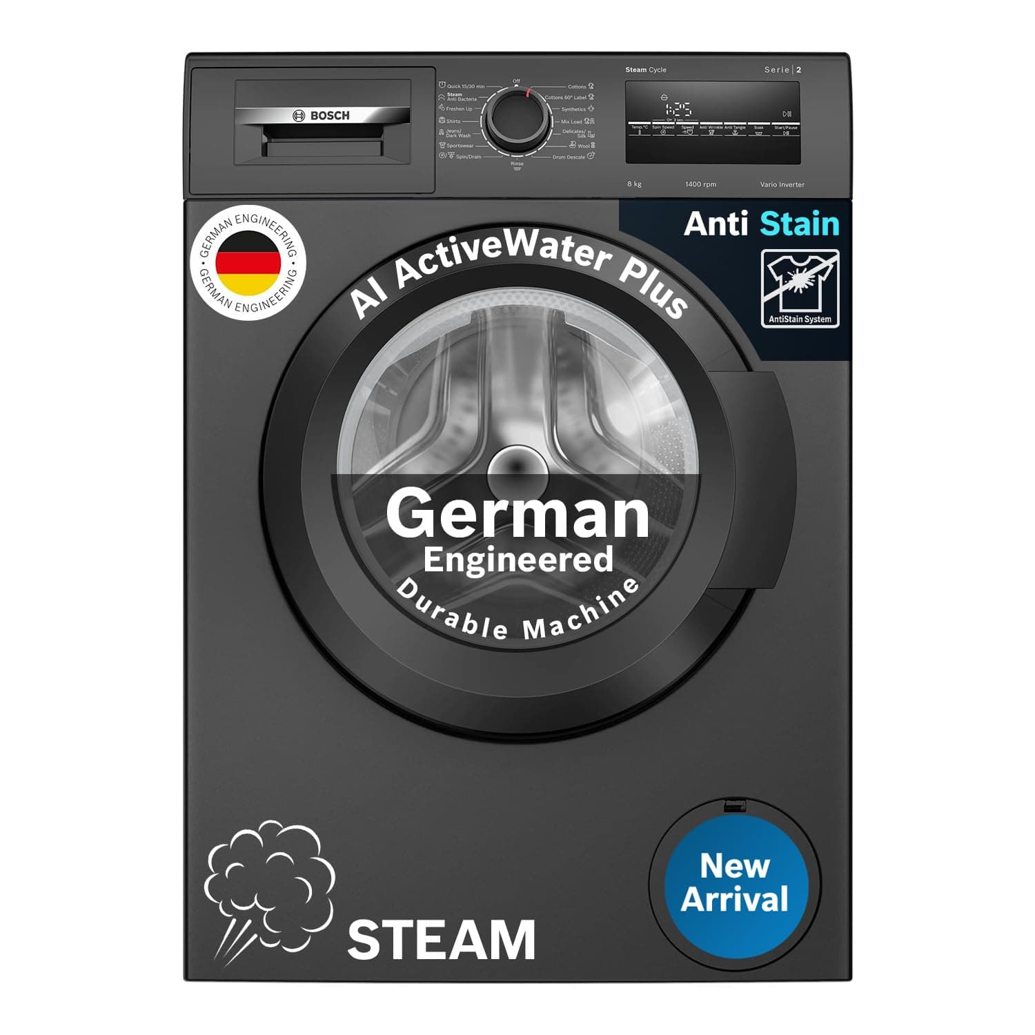 Bosch 8 kg, 5 Star, Anti Stain & AI Active Water+ Fully Automatic Front Loading Washing Machine (WAJ2826CIN, Steam with Anti-Bacteria, Anti-tangle, Anti-Wrinkle, In-Built Heater, Black Grey)