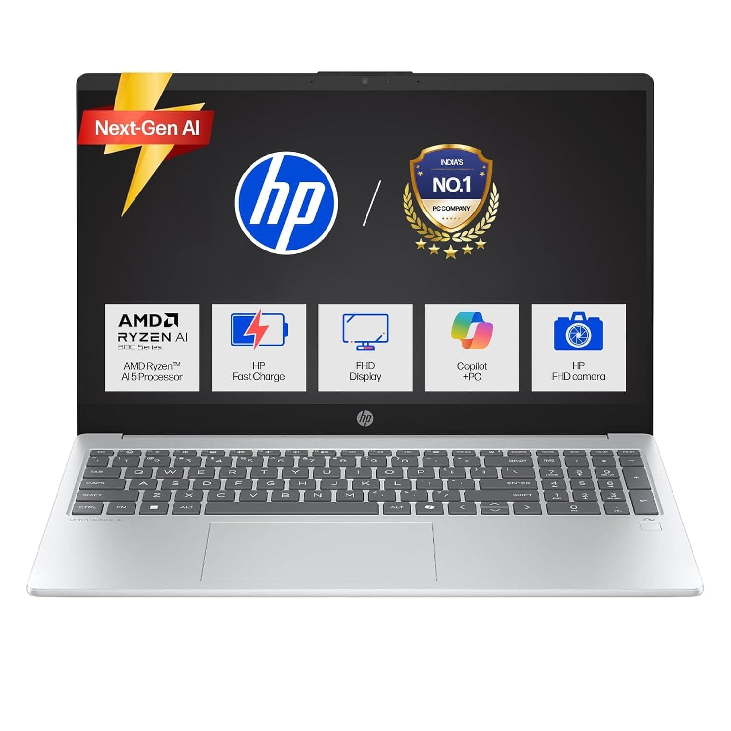HP OmniBook 3 AMD Ryzen AI 5 330 Next Gen AI Laptop, (24GB DDR5, 1TB SSD), Anti-Glare,15.6''/39.6cm FHD, Win11,Office24, Silver,1.7kg, FHD Camera with Shutter, Fingerprint Readon, Backlit KB fn0074AU