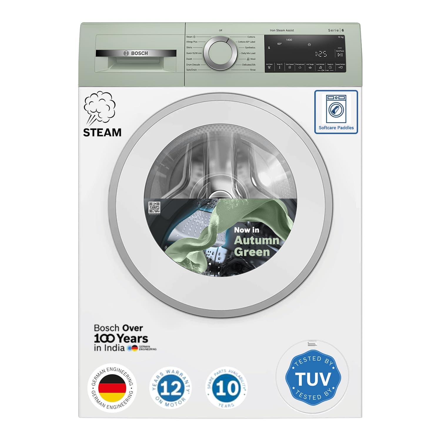 Bosch 10 kg, 5-Star, Anti Stain & AI Active Water+ Fully-Automatic Front Loading Washing Machine (WGA254ZJIN, Iron Steam Assist, Anti Tangle, Reload Function, In-Built Heater, Autumn Green)