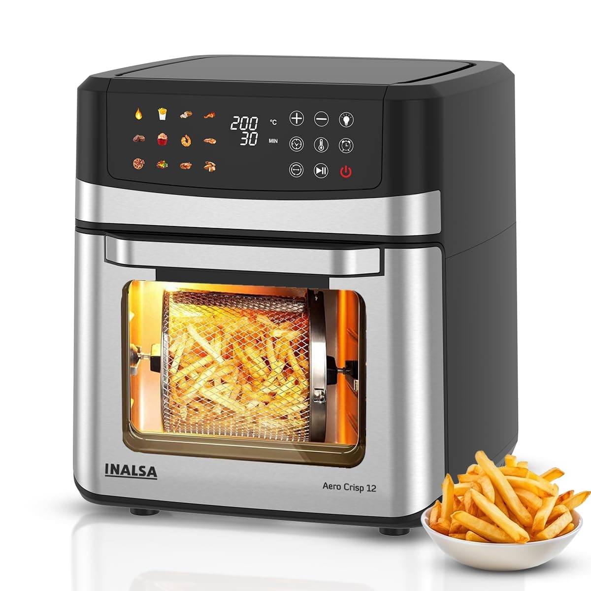 INALSA Air Fryer Oven|12L,1700W|Stainless Steel Body|12-in-1 Functions,Fry,Bake,Grill,Dehydrate&Reheat|12 Preset|Rotisserie&Convection|Dishwasher Safe Accessories|2Yr Warranty,2025Model AeroCrisp 12