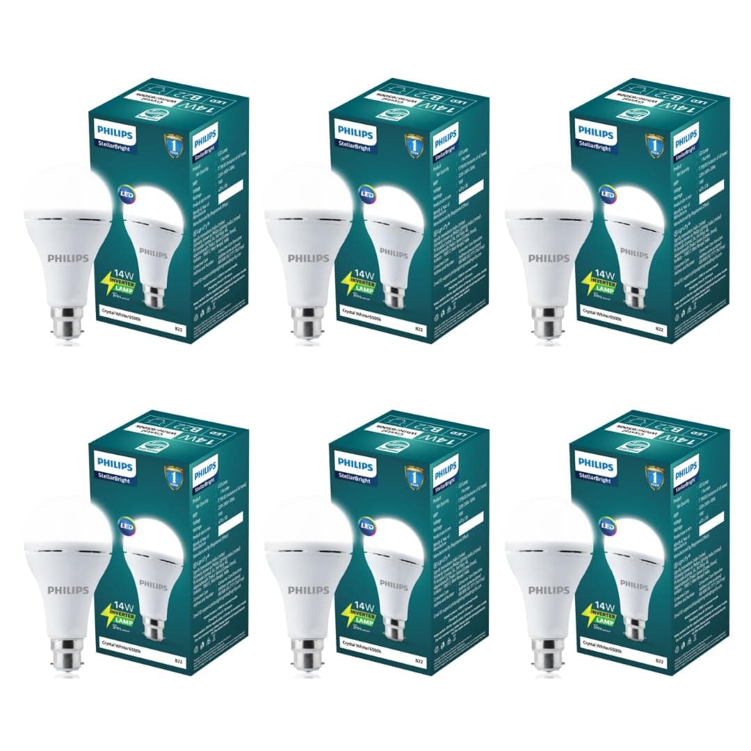 Philips 14W Emergency LED Bulb Factory Pack | Stellar Bright B22 Inverter LED Bulb for Power Cuts | Crystal White, Pack of 6