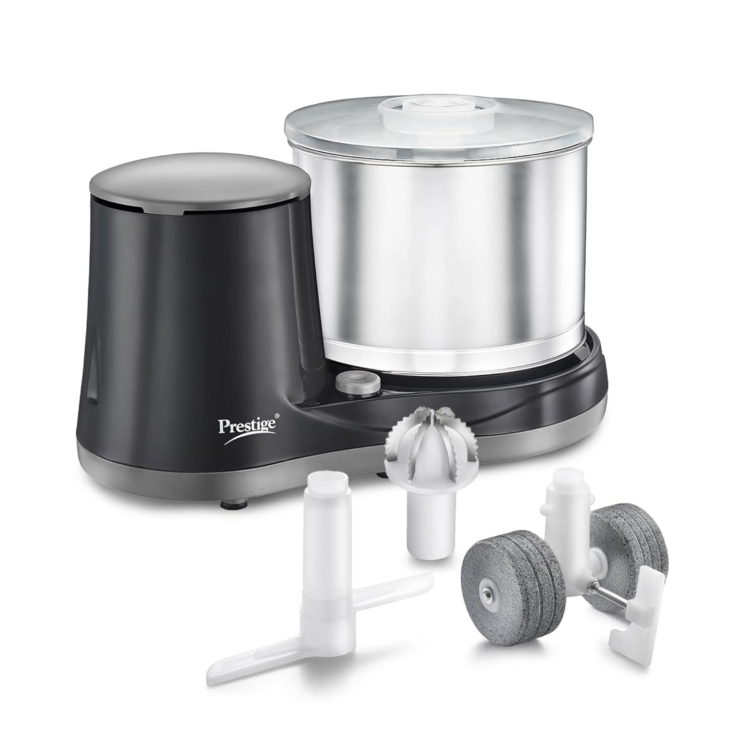 Prestige Ultima Pro 2 Litre Table Top Wet Grinder |200 Watts Heavy Duty Motor|Coconut Scraper Attachment|Atta Kneader Attachment|Stainless Steel Drum|2 Years Warranty|Grey & Black