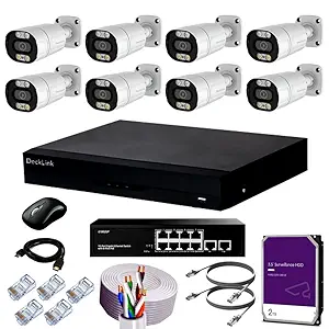 DeckLink 5MP IP CCTV Camera Full Set 8 Bullet Metal Body Camera ColourVu Mode Audio Mic Inbuilt, Giga 1000mbps Poe Switch with 2TB Survillance Hard Disk