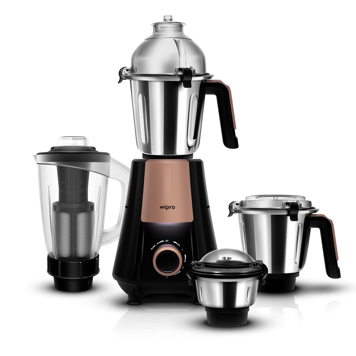 Wipro Elato Divine FMG 215 800 Watt Mixer Grinder with 4 Jars,Heavy Duty 100% Copper Ball Bearing Motor with 5 Year Warranty,Superfast Grinding,Clip Lids - Hands Free use, 4 Jars Mixer Grinder,Black