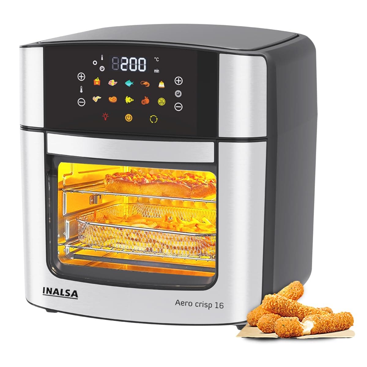 INALSA Air Fryer Oven|16L, 1800W|Stainless Steel Body12-in-1 Functions,Fry,Bake,Grill,Dehydrate,Roast& Reheat|10 Preset|Rotisserie & Convection|Dishwasher Safe Accessories|2Yr Warranty,Aero Crisp 16