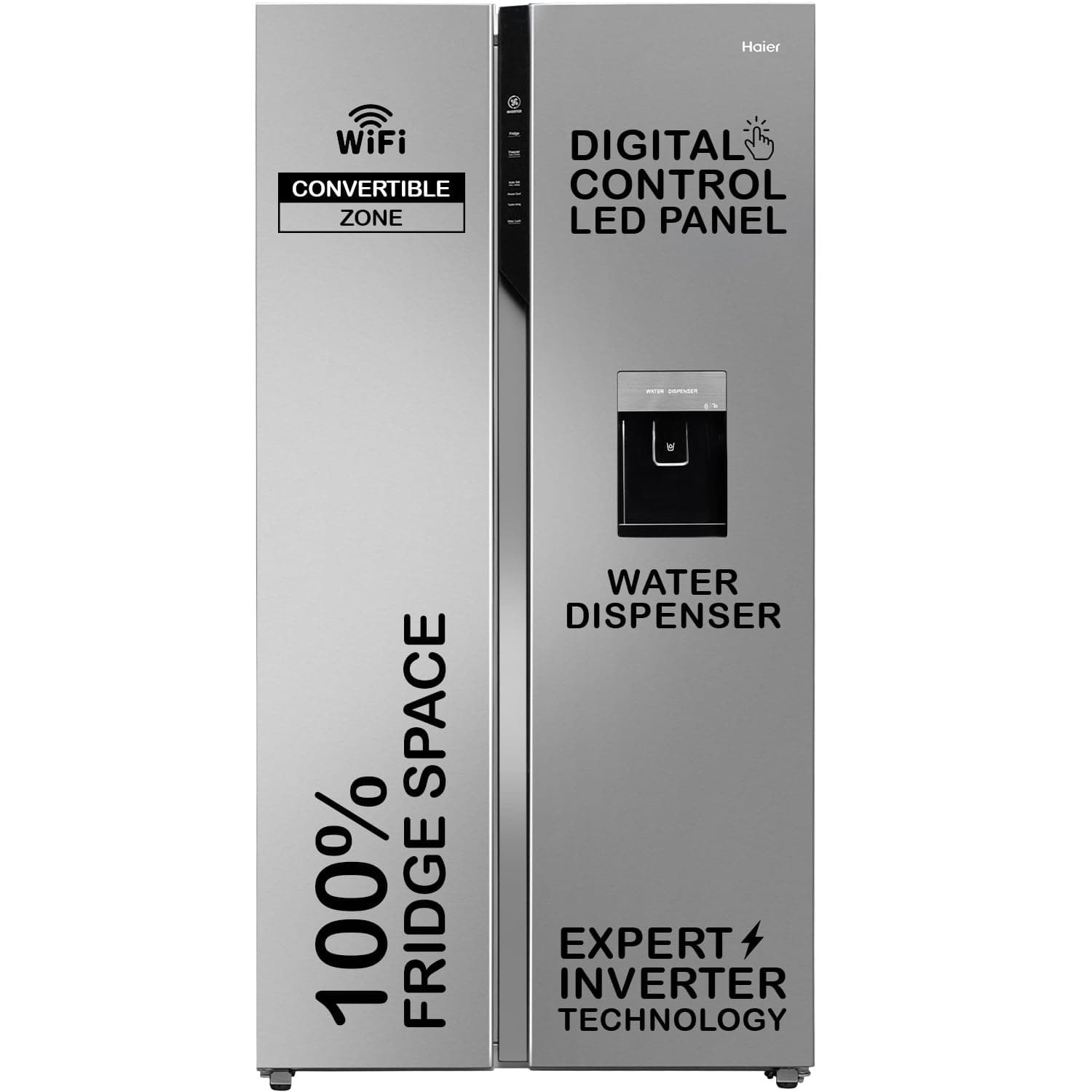 Haier SmartChoice 596L 3Star 2-Door Water Dispenser Side by Side Frost Free Refrigerator|Convertible|Smart Sense AI | Expert Inverter|Digital Display Panel (HRS-682SWDU1, Shiny Silver)