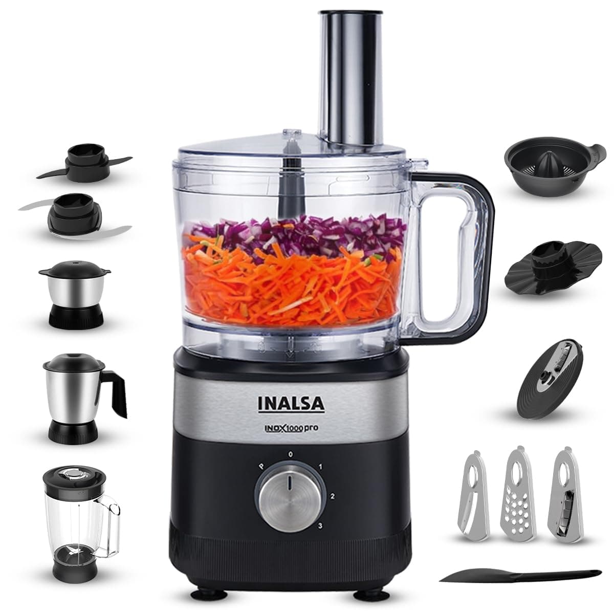 INALSA Food Processor For Kitchen With Mixer Grinder Juicer|1000 W Copper Motor|2.5L Processing Jar|Chopping,Kneading Blade|Citrus Juicer|Shredding,Slicing,Whisker&French Fries Cutter (Inox 1000 Pro)