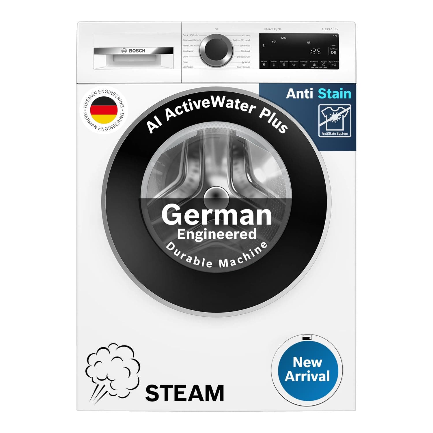 Bosch 9kg 5 Star Anti Stain & AI Active Water+ Fully Automatic Front Load Washing Machine (WGA14200IN, Pretreatment & Steam with Anti Bacteria, In-built Heater, White)