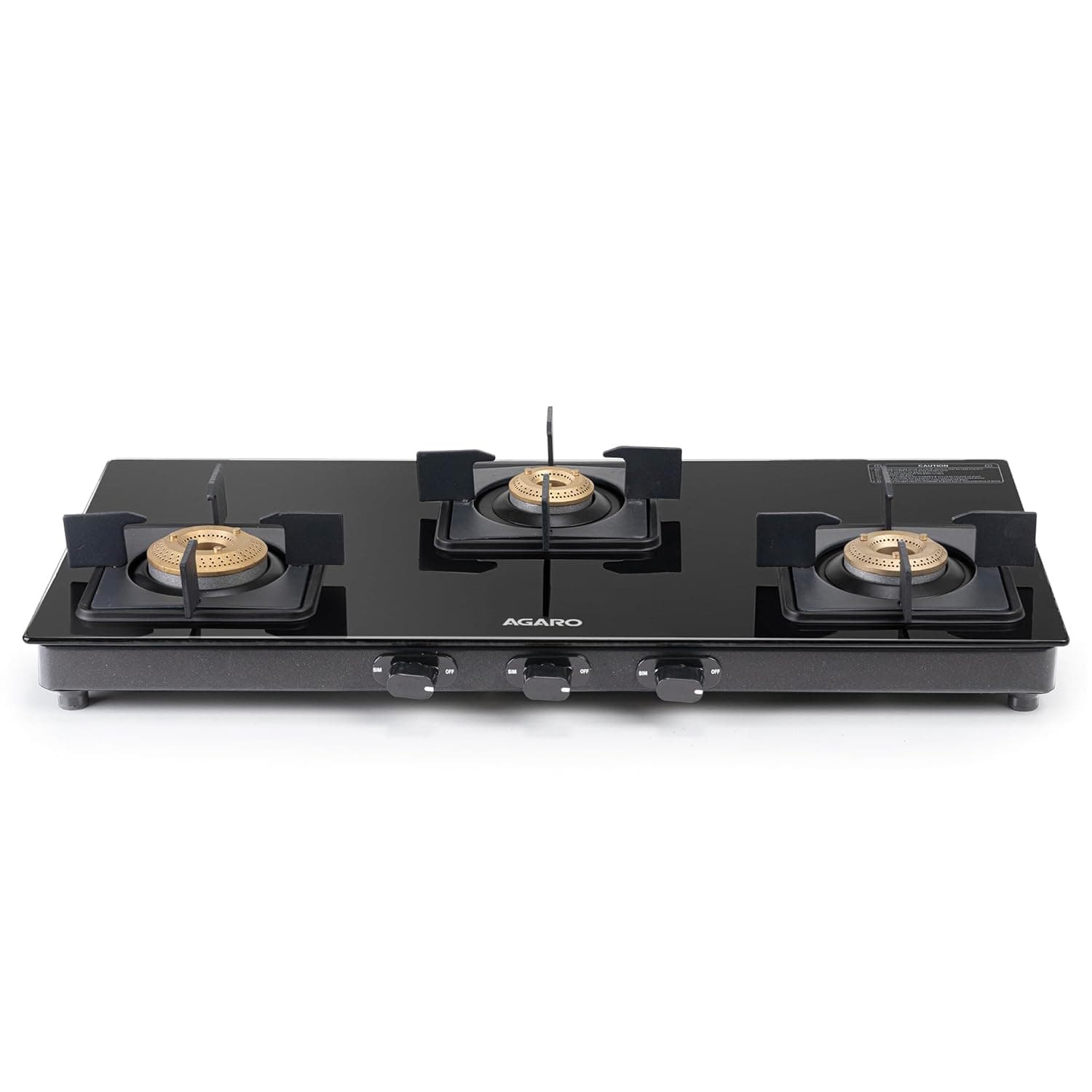 AGARO Regency 3 Burners Gas Stove, Toughened Glass Top, Brass Burners, 1 Small, 1 Medium & 1 Big Size Burner, Spill Proof Removable Drip Tray, Manual Ignition, Kitchen Use, Regular Cooking Use, Black