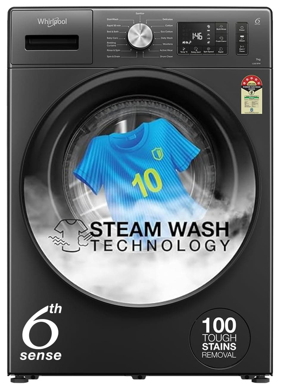 Whirlpool 7 Kg 5 Star Inverter Front Load Washing Machine with In-Built Heater (SUPREME CARE 7012 -E, Midnight Grey, 100+ Tough Stains, Steam Technology, 2025 Model)