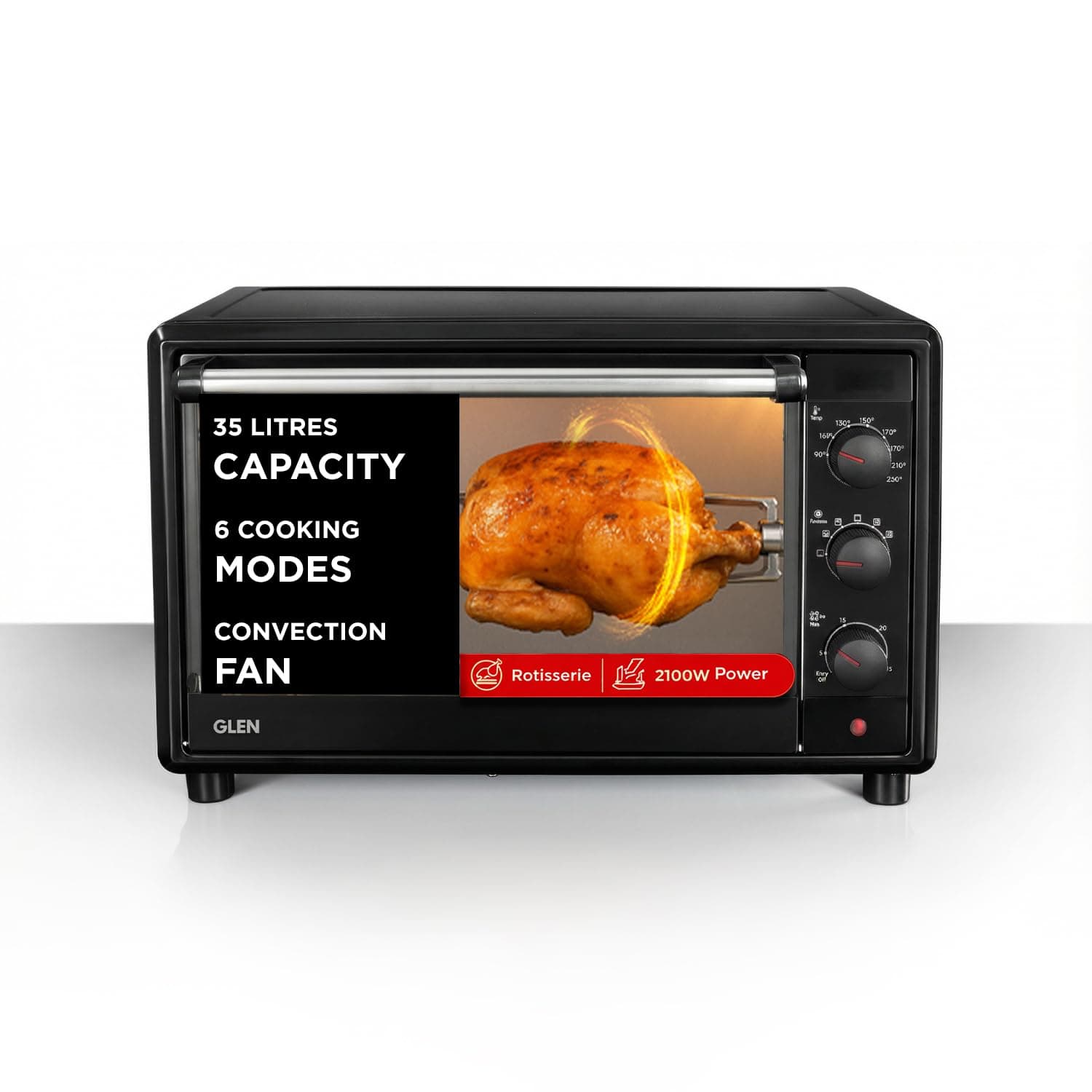 Glen Multi-Function OTG for Kitchen 35 Litre, 2100W, Oven Toaster Griller with 6 Heating Modes, Rotisserie, Convection Fan, Temp. Control, Bake, Grill & Toast,Oven for Baking - Black (SA5035BLRC)