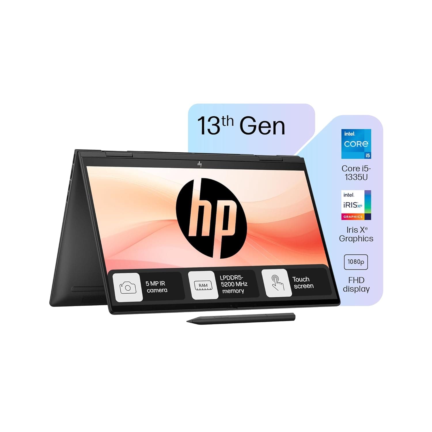 HP Envy x360, 13th Gen Intel Core i5-1335U Laptop (16GB LPDDR5, 512GB SSD), 15.6"/39.6cm, FHD, Windows 11, MS Office, Black, 2.14kg, Intel Iris Xe Graphics, 5MP IR Camera, 15-fe0027TU