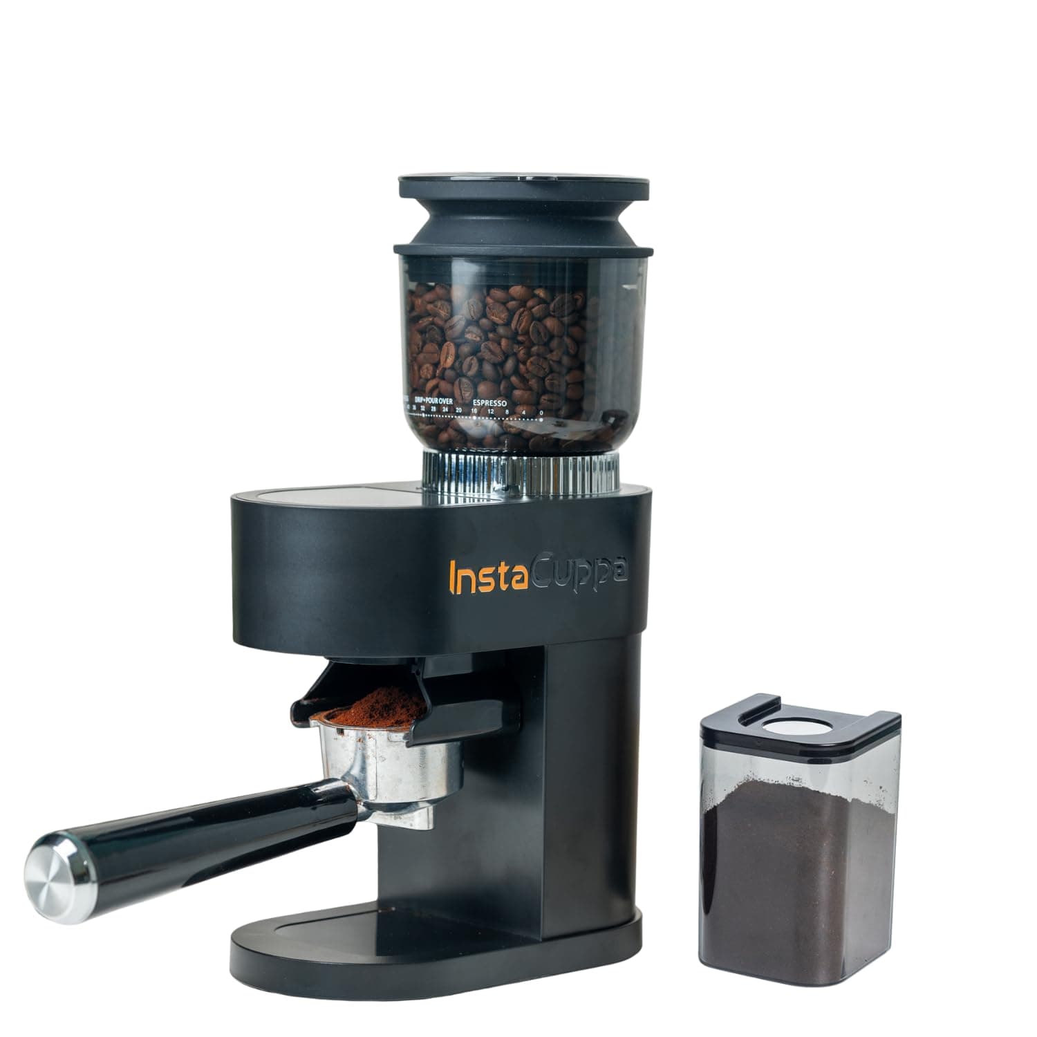 InstaCuppa Electric Burr Coffee Grinder | Get Espresso-Fine Grounds & Cafe-Style Crema at Home | 60 Grind Settings | LED Touch | Easy Airflow Cleaning | Fits 51mm & 58mm Portafilter | 200g Capacity