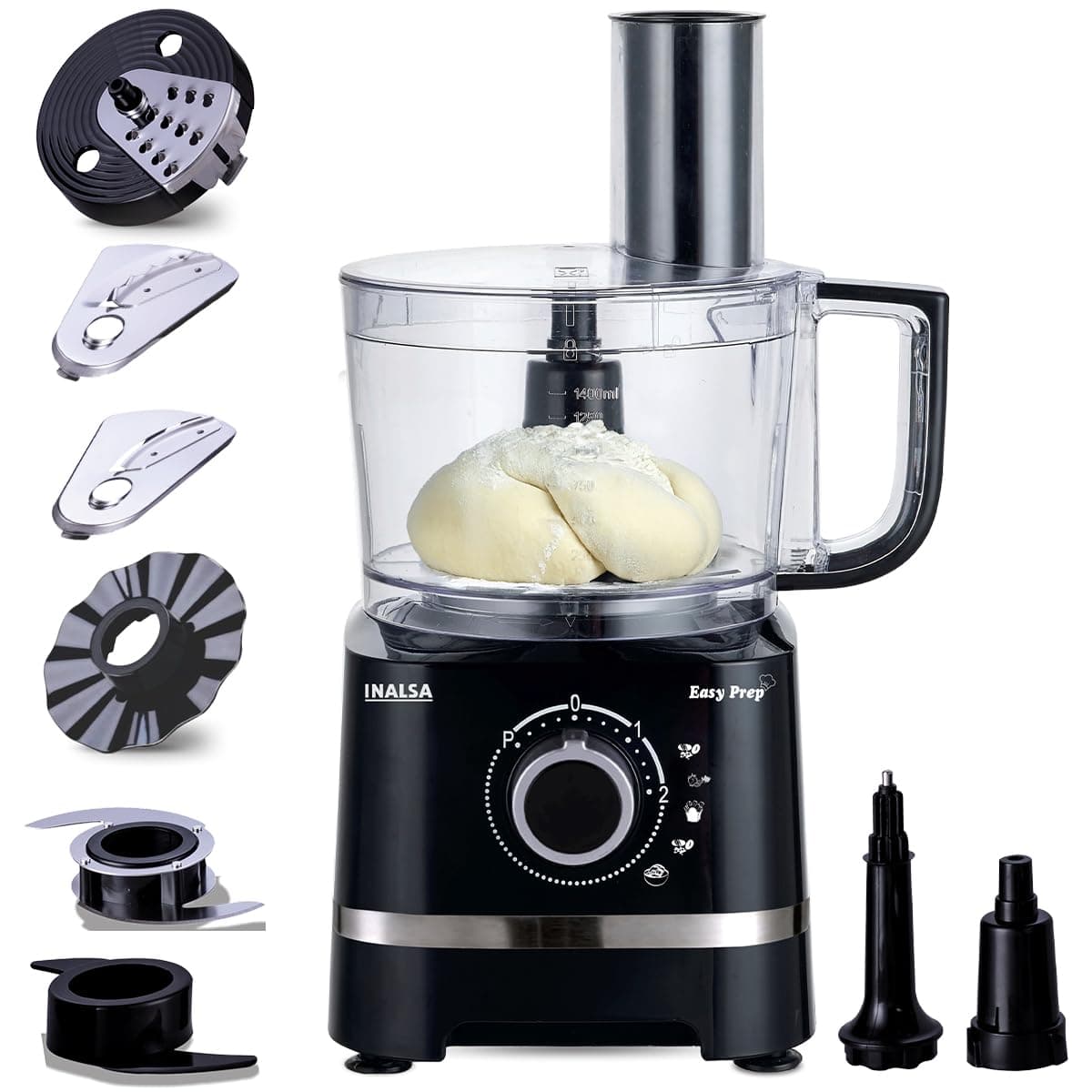 INALSA Food Processor with Atta Kneader 800 Watts|1.4L Processing Bowl 7 Accessories including Dough Maker Electric Chopper,French Fry Cutter,Slicer,Shredder,Meat Mincer Dough Maker Machine,Easy Prep