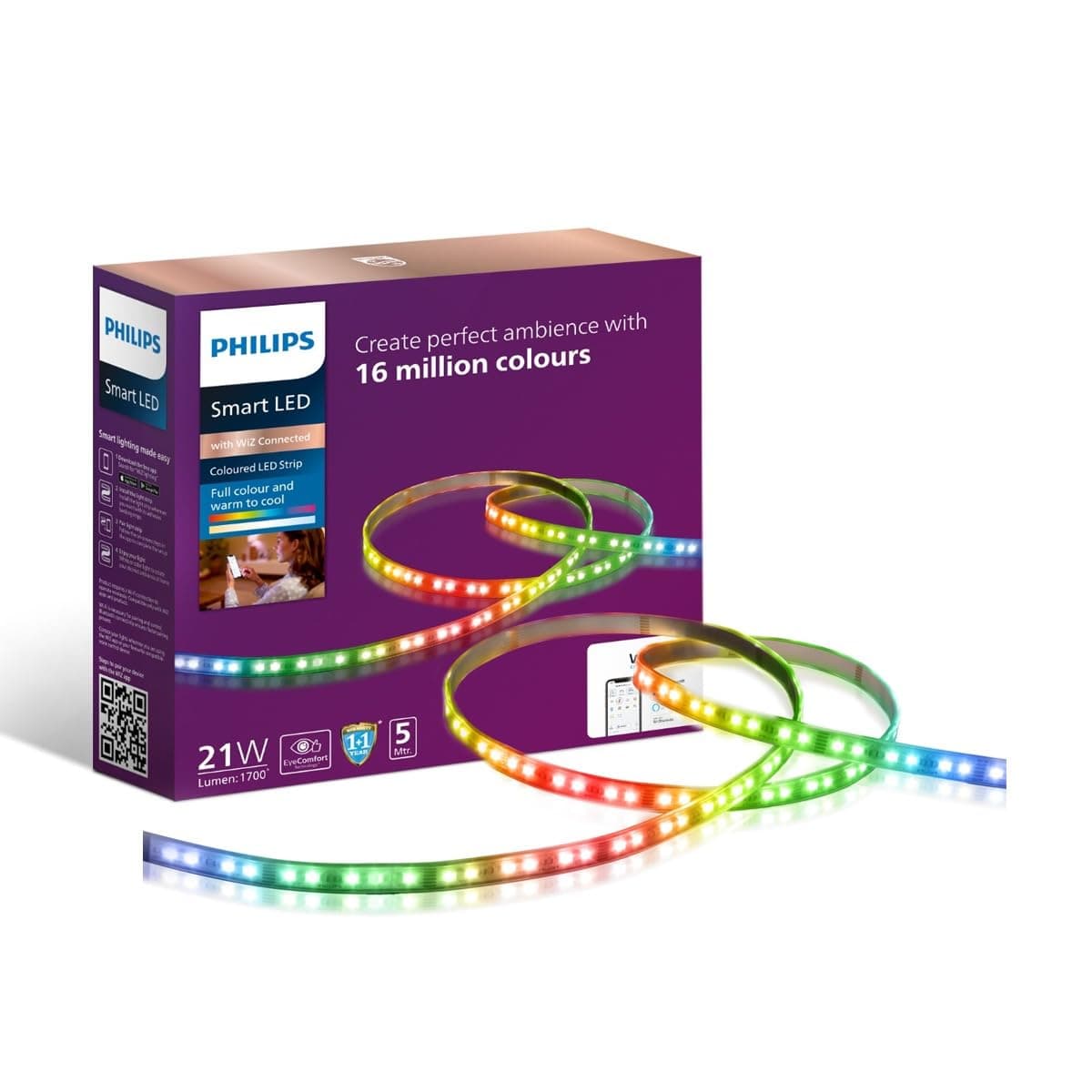 Philips 5 Meter Wi-Fi Smart LED Strip Light with Music Sync, Voice Control & Dimmable Feature | Color Changing RGB Strip Light for Ceiling coves, tv | Pack of 1 (Wiz) Polycarbonate,Multicolor
