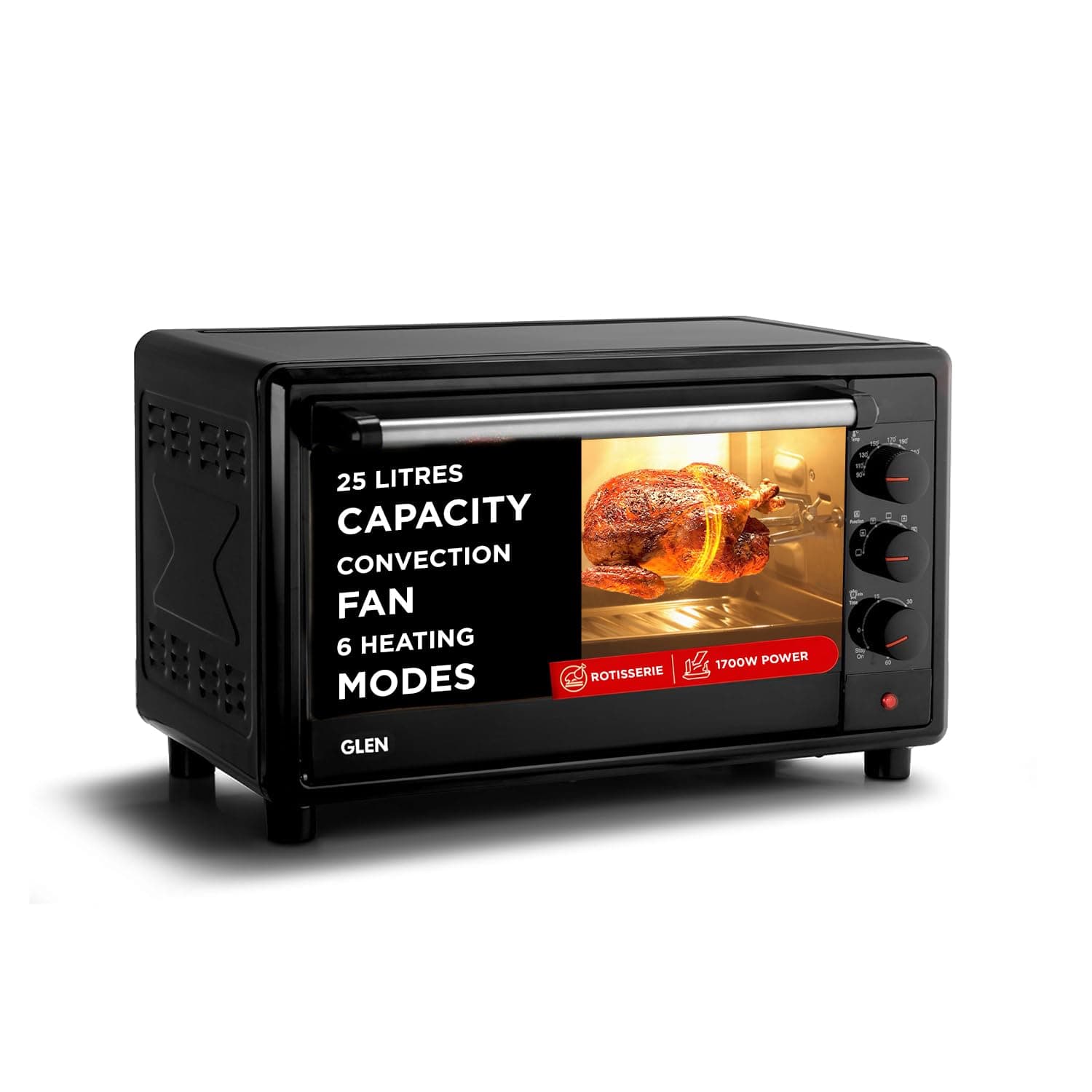 Glen Multi-Function OTG for Kitchen 25 Litre, 1700W, Oven Toaster Griller with 6 Heating Modes, Rotisserie, Convection Fan, Temperature Control, Bake, Grill & Toast, Oven for Baking -Black (SA5025RC)
