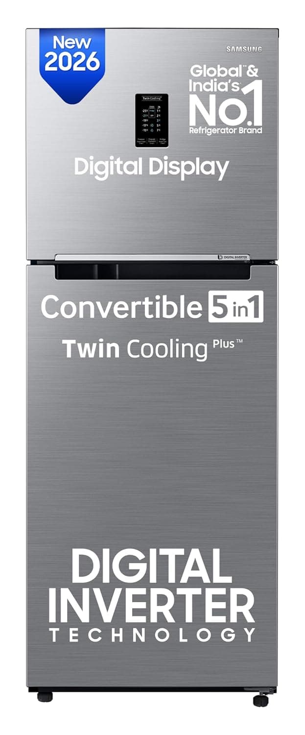 Samsung 301 L, 2 Star, Convertible 5-in-1 Digital Inverter with Display Frost Free Double Door Refrigerator (RT31H4522S9/HL, Silver, Refined Inox, 2026 Model)