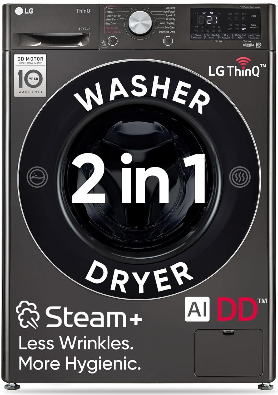 LG 12 Kg (Wash) / 7 Kg (Dry), AI Direct Drive Technology, Steam+ & Wi-Fi Front Load Fully Automatic Washer Dryer (FHD1207STB, Intelligent & Convenient Fabric Care & Turbowash 360, Platinum Black)