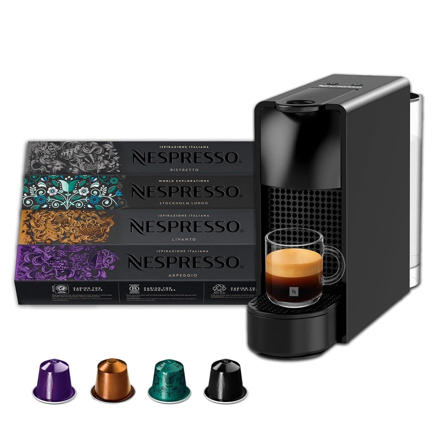 Nespresso Essenza Mini Coffee Machine (Black) with 4 Coffee Sleeves combo pack | Espresso Coffee Maker Machine for Home| Coffee Variety Pack | 2 Years Warranty | Authorized Distributor
