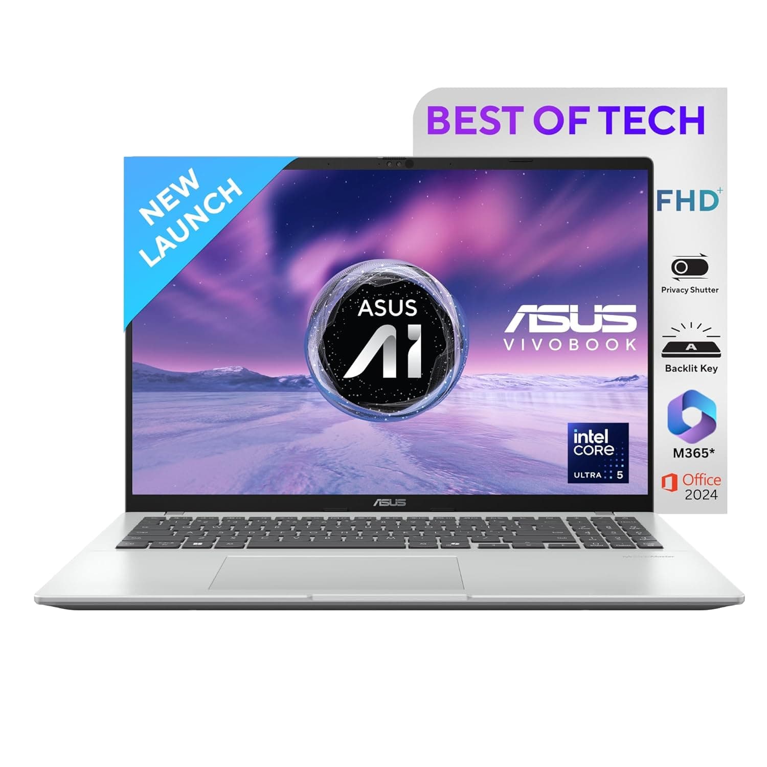 ASUS Vivobook 16, Intel Core Ultra 5 Series 2, 16GB RAM, 512GB SSD, FHD+ 16", Windows 11, Office Home 2024, Silver, 1.88kg, X1607CA-MB142WS, Intel iGPU, M365 Basic (1Year)* Laptop