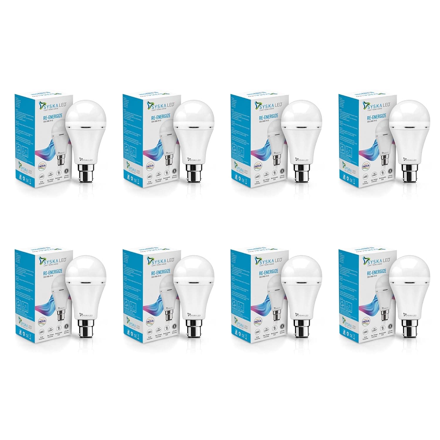SYSKA EMB-9W B22 6500K Cool Day Light Inverter Rechargeable Emergency Led Bulb Pack of 8