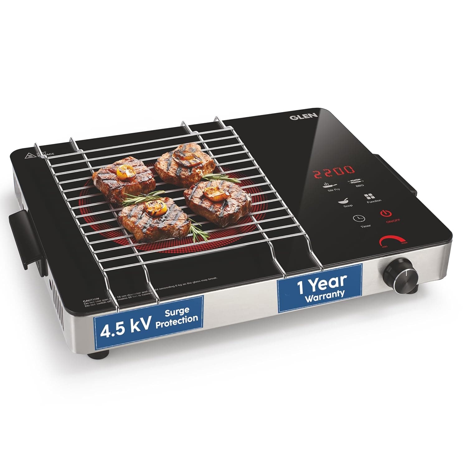 Glen 2200W Infrared Cooktop Stove with Steel Grill Rack Touch Control, Polished Crystal Glass Plate, Digital Display 3 Modes, 4.5KV Surge Protection for Induction & Flat Bottom Utensils (SA-3074IR22)