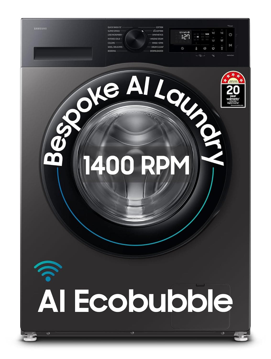 Samsung 9 kg, 5 star, AI EcoBubble, Super Speed, Wi-Fi, Hygiene Steam with Inbuilt Heater, Digital Inverter, Fully-Automatic Front Load Washing Machine (WW90DG5U24AXTL, Inox)