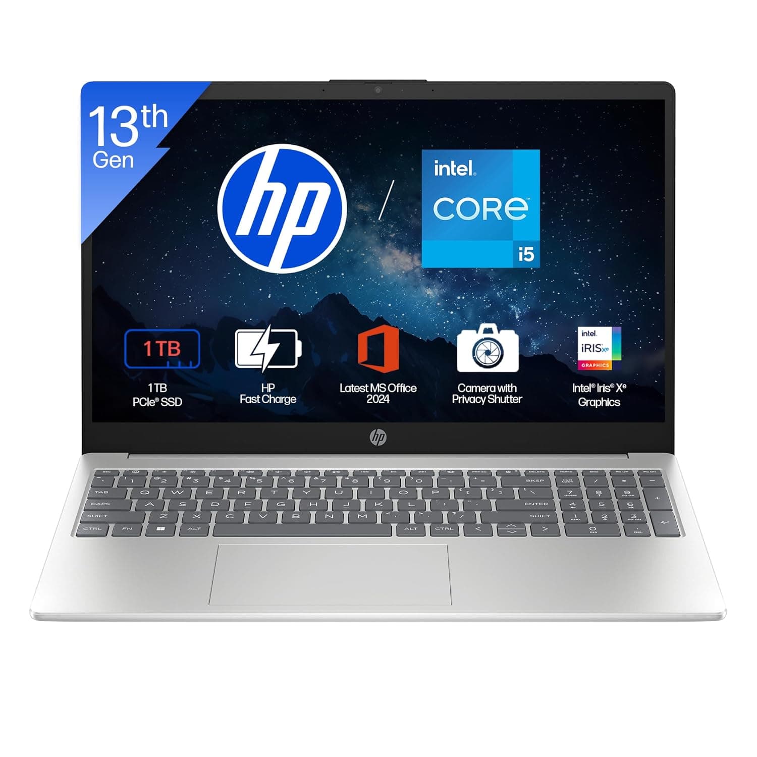HP 15, 13th Gen Intel Core i5-1334U (16GB DDR4, 1TB SSD) FHD, Anti-Glare, Micro-Edge, 15.6''/39.6cm, Win11, M365(1yr) Office24, Silver, 1.59kg, FD0552TU, Iris Xe, FHD Camera w/Shutter, Backlit Laptop