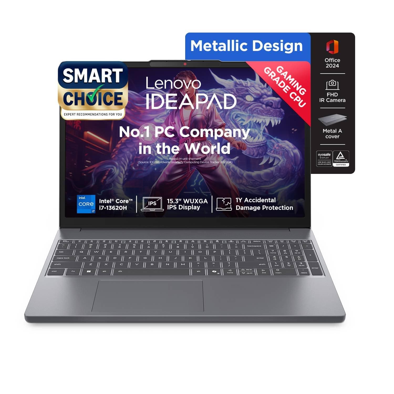 Lenovo Smartchoice Ideapad Slim 3, 13th Gen Intel Core i7 13620H, 16GB RAM, 512GB SSD, WUXGA IPS, 15.3"/38.8cm, Win 11, Office 2024, Top Metal Cover Grey, 1.6Kg, 83K100CJIN/S1IN, Backlit KB, Laptop