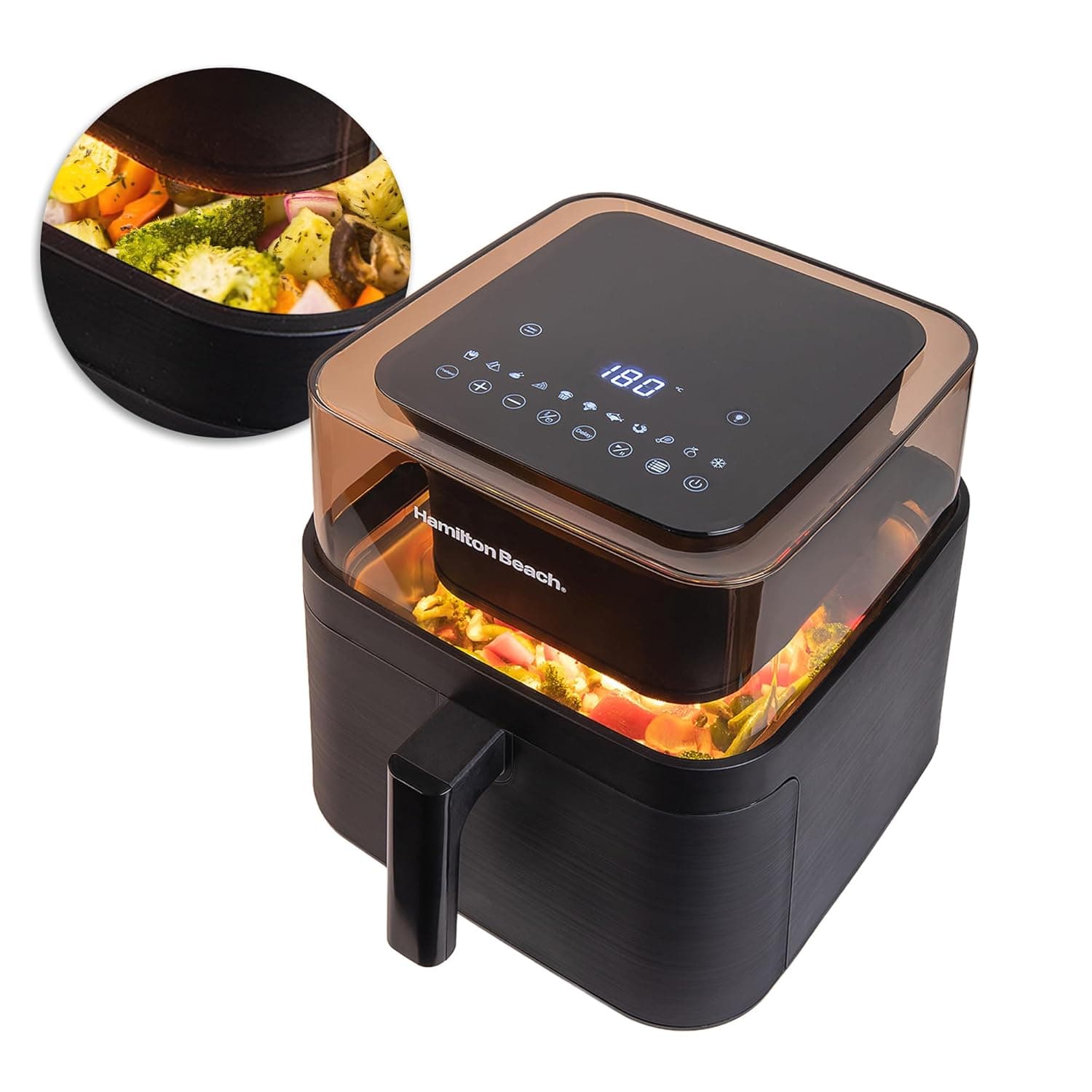 Hamilton Beach Digital Air fryer 7.2L with 100% Toxin Free Silicone Coating, Tested on 138 parameters for Metals, Odour & Microplastics, No PTFE, PFAS, PFOA & BPA, 360° Top View, Dehydrate