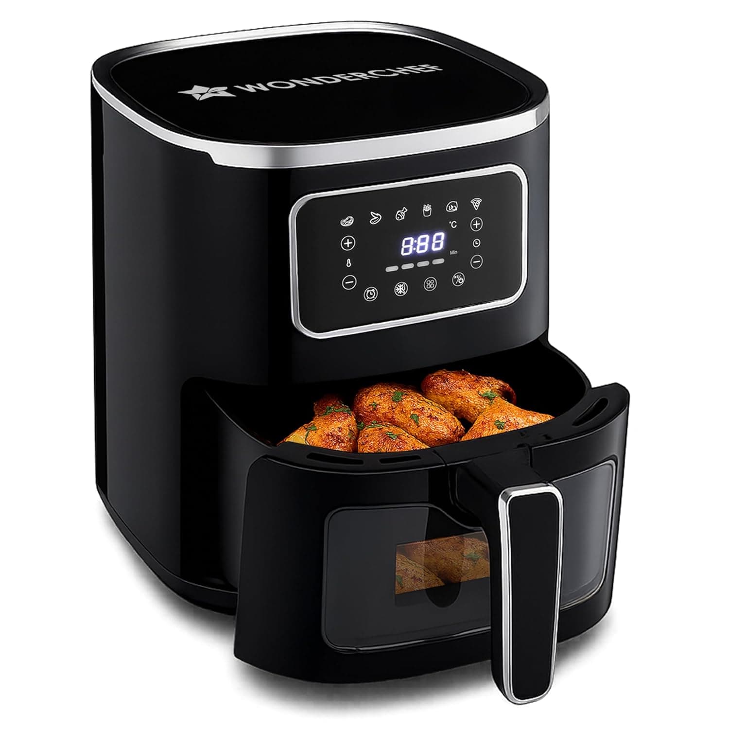 Wonderchef Platinum Plus Digital Air Fryer | 5L With Window & Light 1450W | Fry, Bake, Grill, Roast | 7 Pre-set Options | French Fries, Tikkis, Grilled Veggies, Muffins | Non-stick Basket