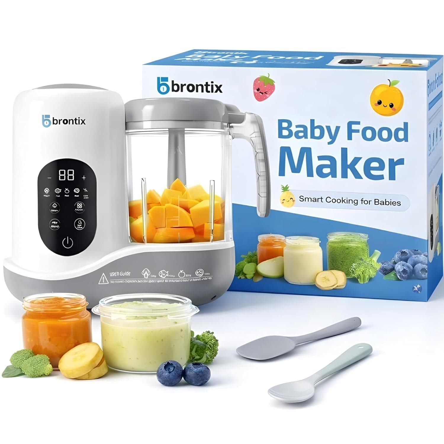 BRONTIX Baby Food Steamer & Processor, Steamer for Baby Food Cooking with Touch Screen Control, Self Clean, Blender for Baby Food Puree, Includes 2 Food Bowls, Spatula & Silicone Spoon (white)