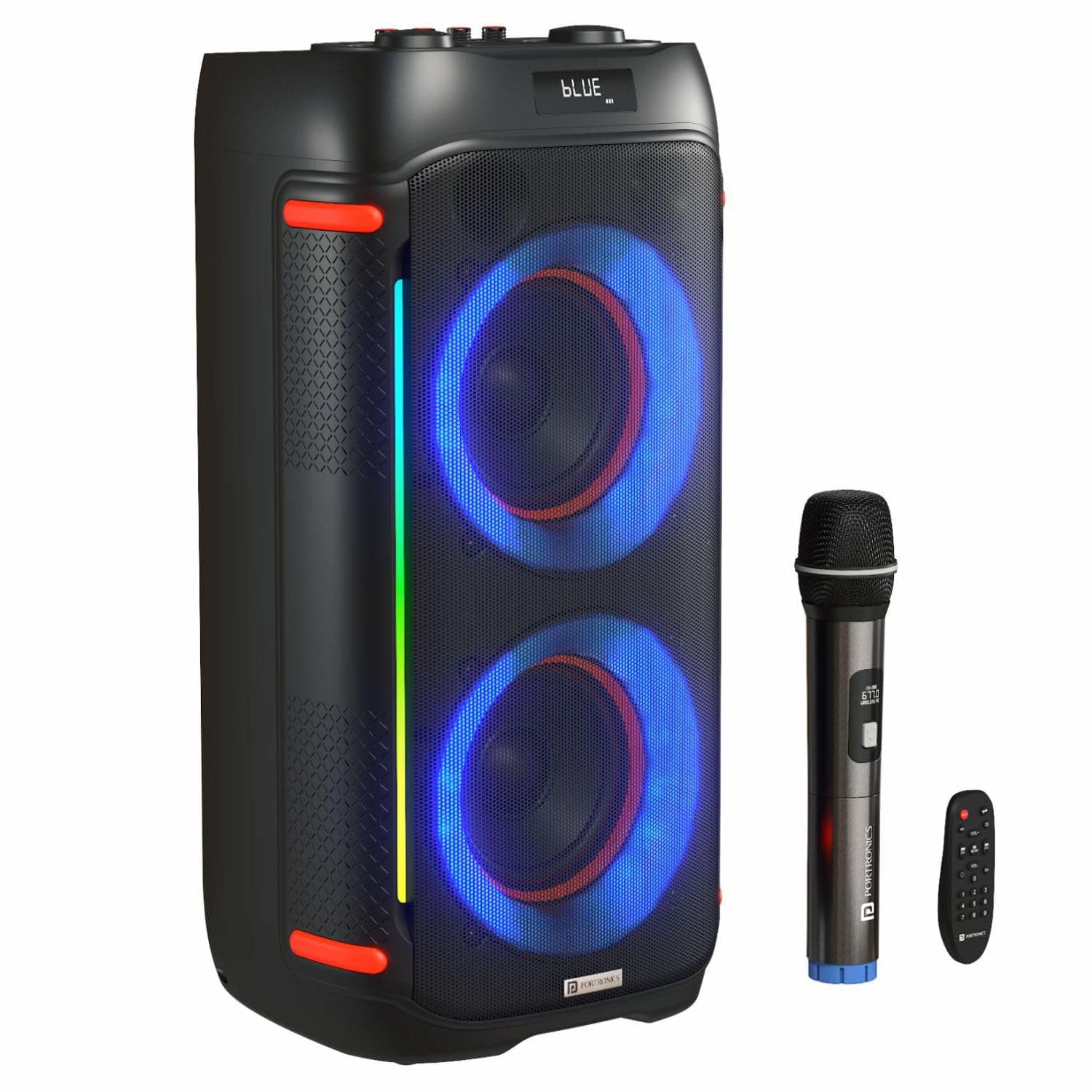 Portronics Iron Beats IV 250W Party Speaker with Dual 6" Subwoofer, Upto 4 Hours Playtime, RGB LED Lights, Wireless Karaoke Mic, Treble/Bass Adjustment, Echo Control, Remote Control(Black)
