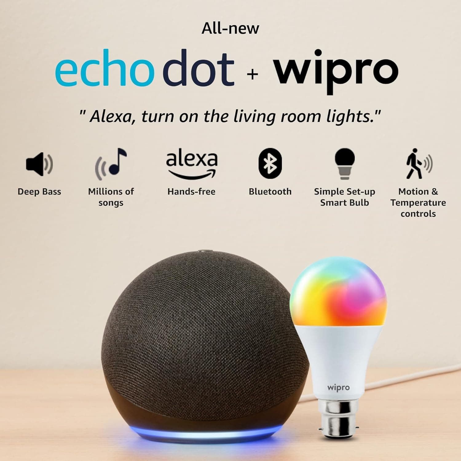 Amazon Echo Dot (5th Gen, Black) Smart Home Speaker Combo with Wipro Simple Setup 9W LED Smart Bulb | with Bluetooth and Alexa