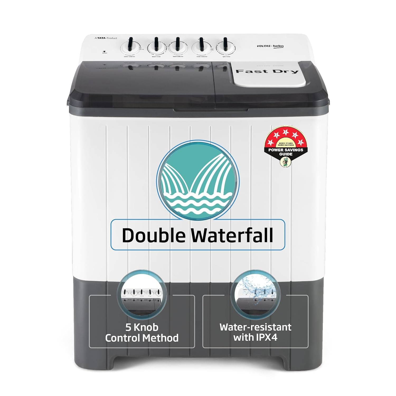 Voltas Beko, A Tata Product 10 Kg 5 Star Semi-Automatic Top Load Washing Machine (WTT100UPA/GR5KPTD, Grey, Special pulsator and Double waterfall Technology)