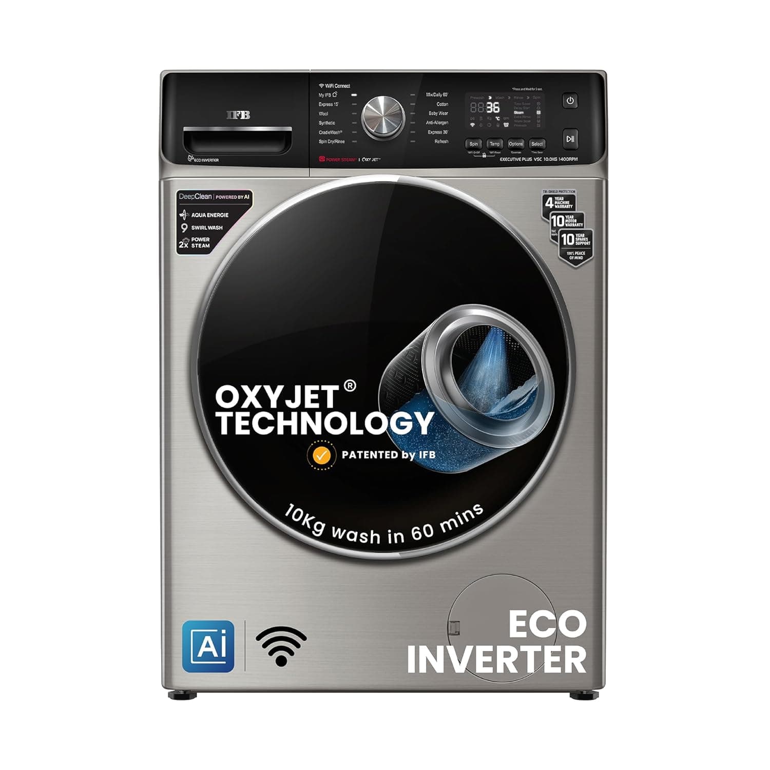 IFB 10Kg 5 Star with Deep Clean Oxyjet Technology, AI Powered, Fully Automatic Front Load Washing Machine (EXECUTIVE PLUS VSC 1014, Steam Refresh Program, Wi-Fi, Eco Inverter, SUS VCM, silver)