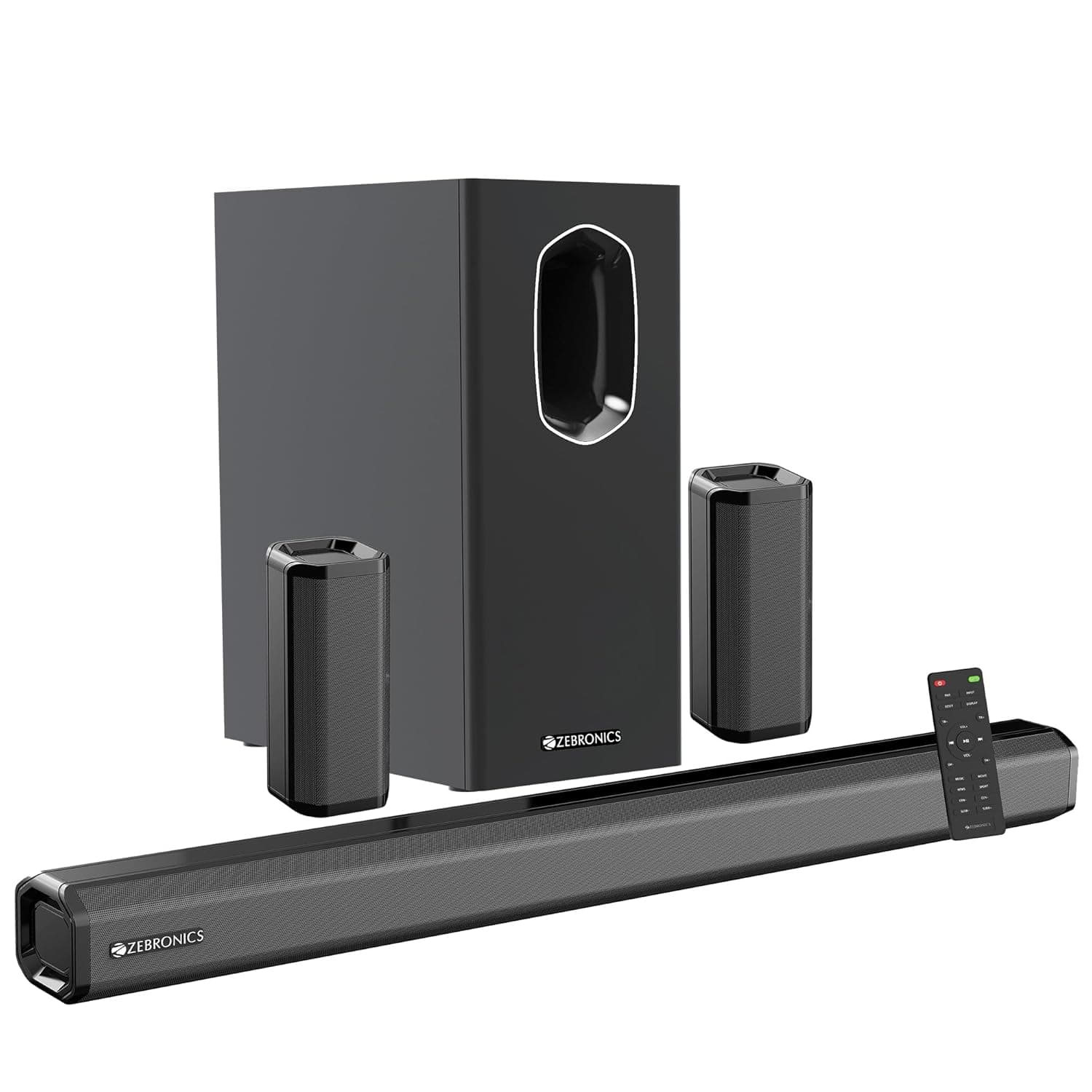 ZEBRONICS Juke BAR 7400 PRO 5.1 Channel soundbar with 6.5" subwoofer, 400W RMS, Dual Rear Satellites, HDMI (ARC), Optical in, AUX, BT v5.0, USB in, Remote Control,LED Display and Wall Mount(Black)