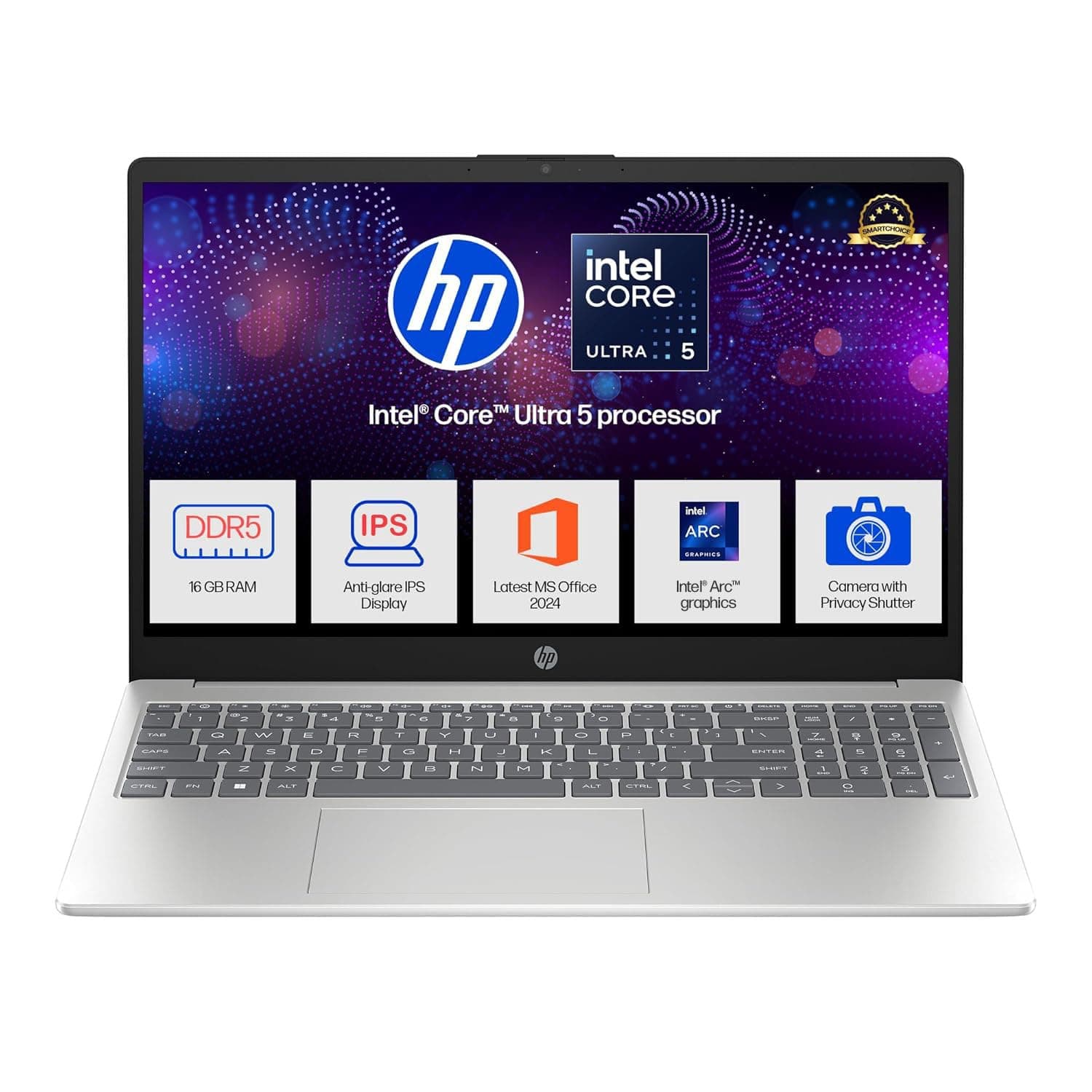 HP 15, Intel Core Ultra 5 125H, 12 Tops (16GB DDR5, 512GB SSD) FHD, IPS, 15.6''/39.6cm, Win11, M365 Basic* Office24, Silver, 1.65kg, fd1254TU, Intel Graphics, FHD Camera w/Shutter, AI Powered Laptop