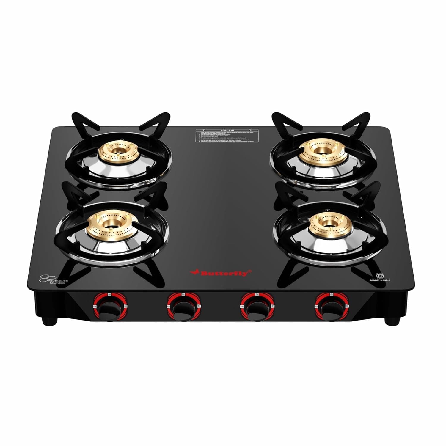 Butterfly Smart 4 Burner Glass Top Gas Stove | Manual Ignition | Scratch Resistant Toughened Glass | Brass Burners | Skid-proof Legs | 1 Year Manufacturer's Warranty | Black