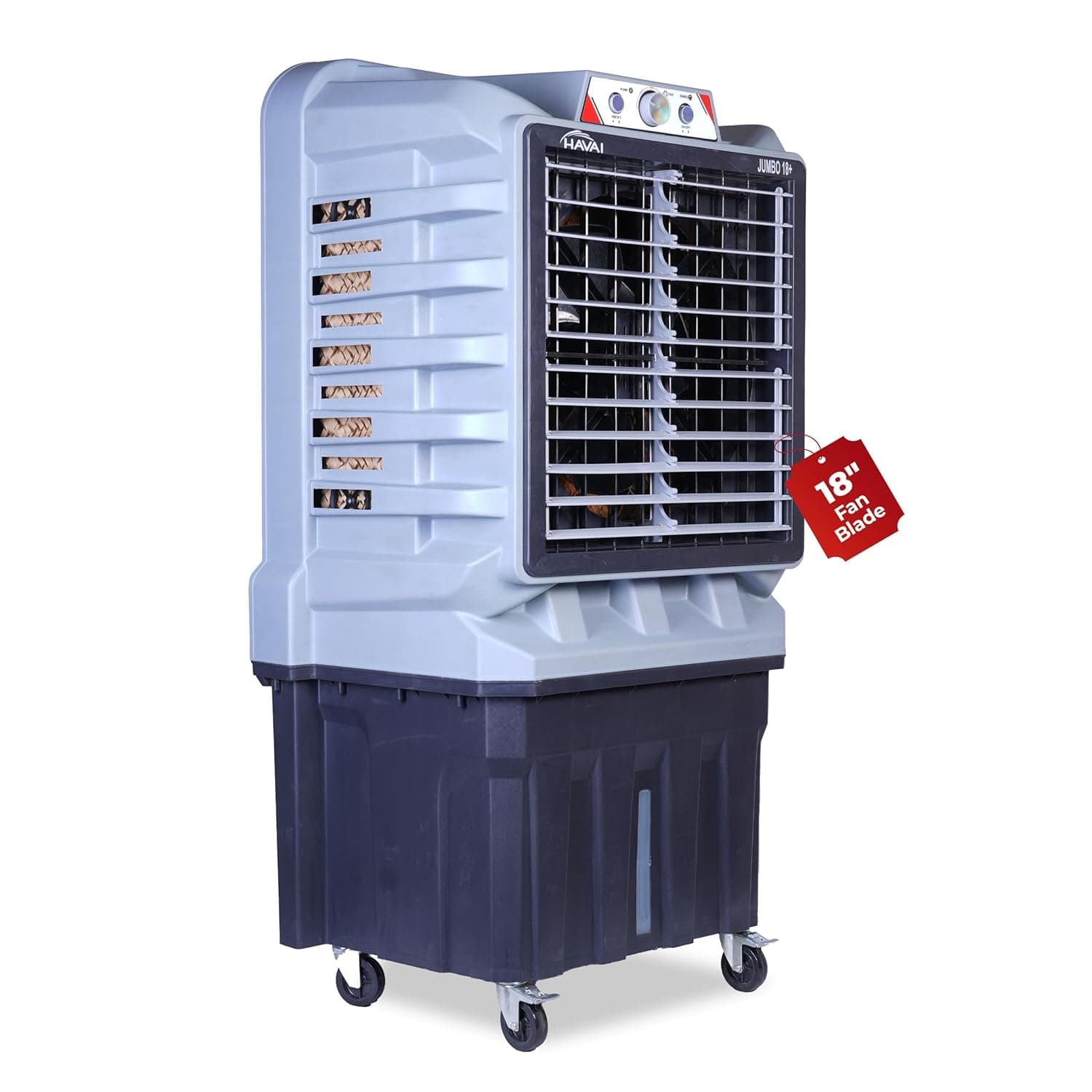HAVAI Jumbo 18+ Desert Cooler | 150L | 18-Inch Fan | Heavy-Duty 41mm Motor | 3-Side Honeycomb Pads | Auto Swing | Castor Wheels | 230V, 110W | White & Grey