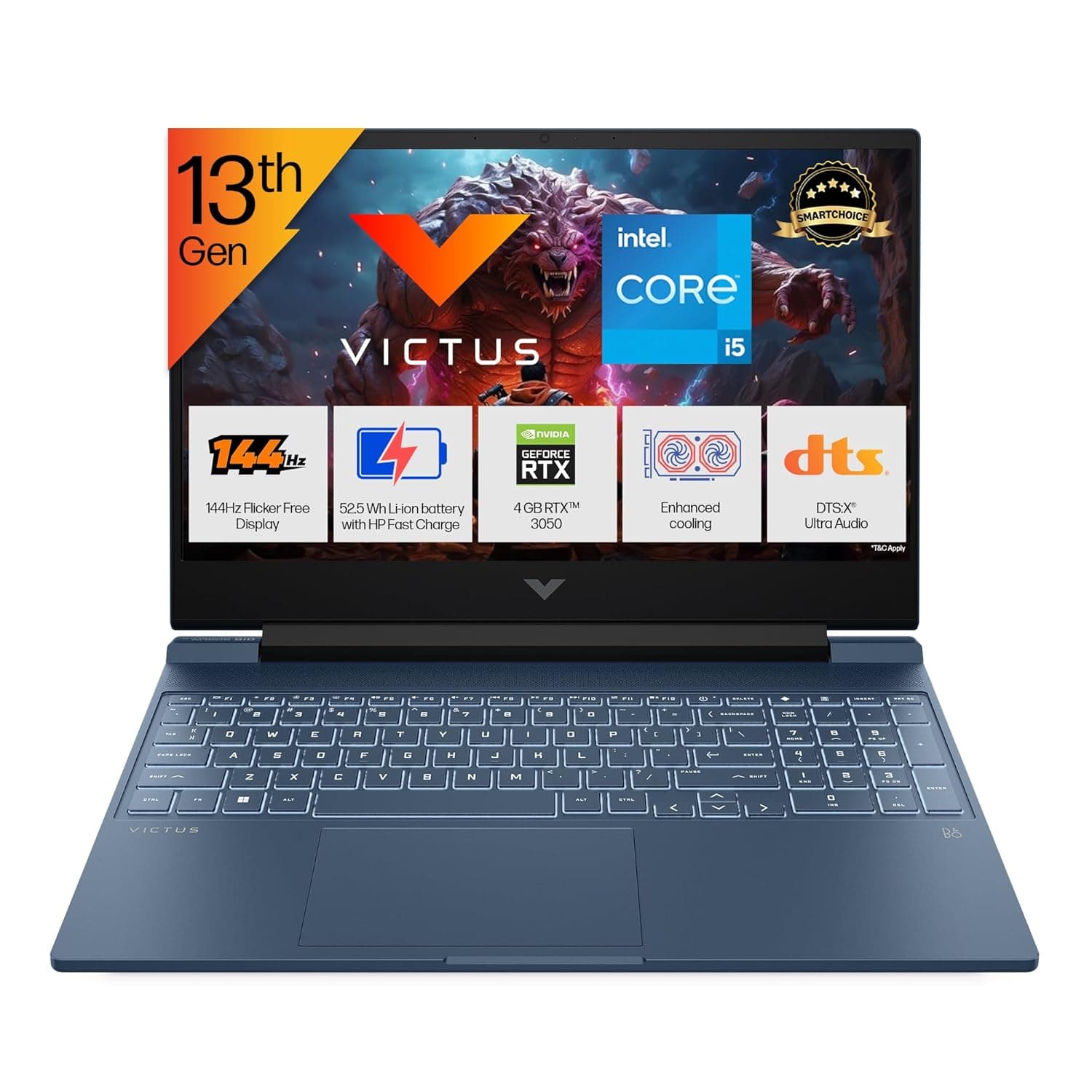 HP Smartchoice Victus, 13th Gen Intel Core i5-13420H, 4GB RTX 3050, 16GB DDR4(Upgradeable) 512GB SSD, 144Hz, 300nits, FHD, 15.6’’/39.6cm, Win11, Office24, Blue, 2.29kg, fa2190/fa2191tx Gaming Laptop