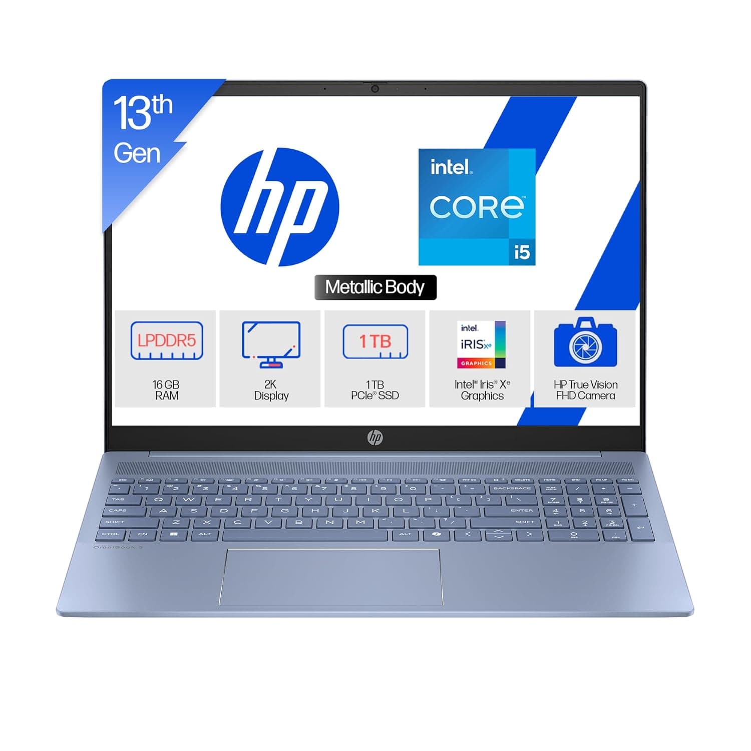 HP Omnibook 5 (Previously Pavilion), 13th Gen Intel Core i5-1334U (16GB LPDDR5x, 1TB SSD), 2k (1920 x 1200), Anti-Glare, 16''/40.6cm, Win11, M365* Office24, Silver, 1.77kg, ba1124tu, Backlit Laptop