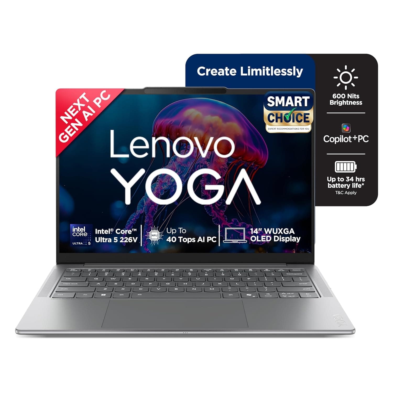 Lenovo Yoga Slim 7 (Smartchoice) Aura Edition, Intel Core Ultra 5 226V, 16GB RAM, 1TB SSD, WUXGA OLED, Copilot+ AI PC, 40 TOPS, 14"/35.5cm, Windows 11, Office 2024, Grey, 1.19Kg, 83JX005FIN, AI Laptop