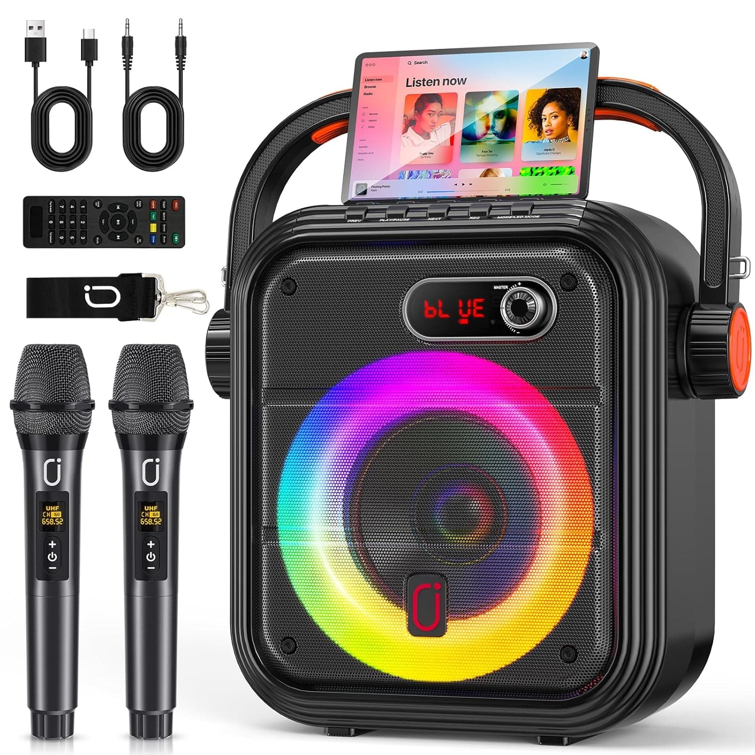 JYX Karaoke Machine with 2 Wireless Microphones, RGB Light PA System with Treble/Bass, Bluetooth Speaker Supports Live Broadcast/Monitoring/Sound Effects, Suitable for Adults/Kids, 66PRO