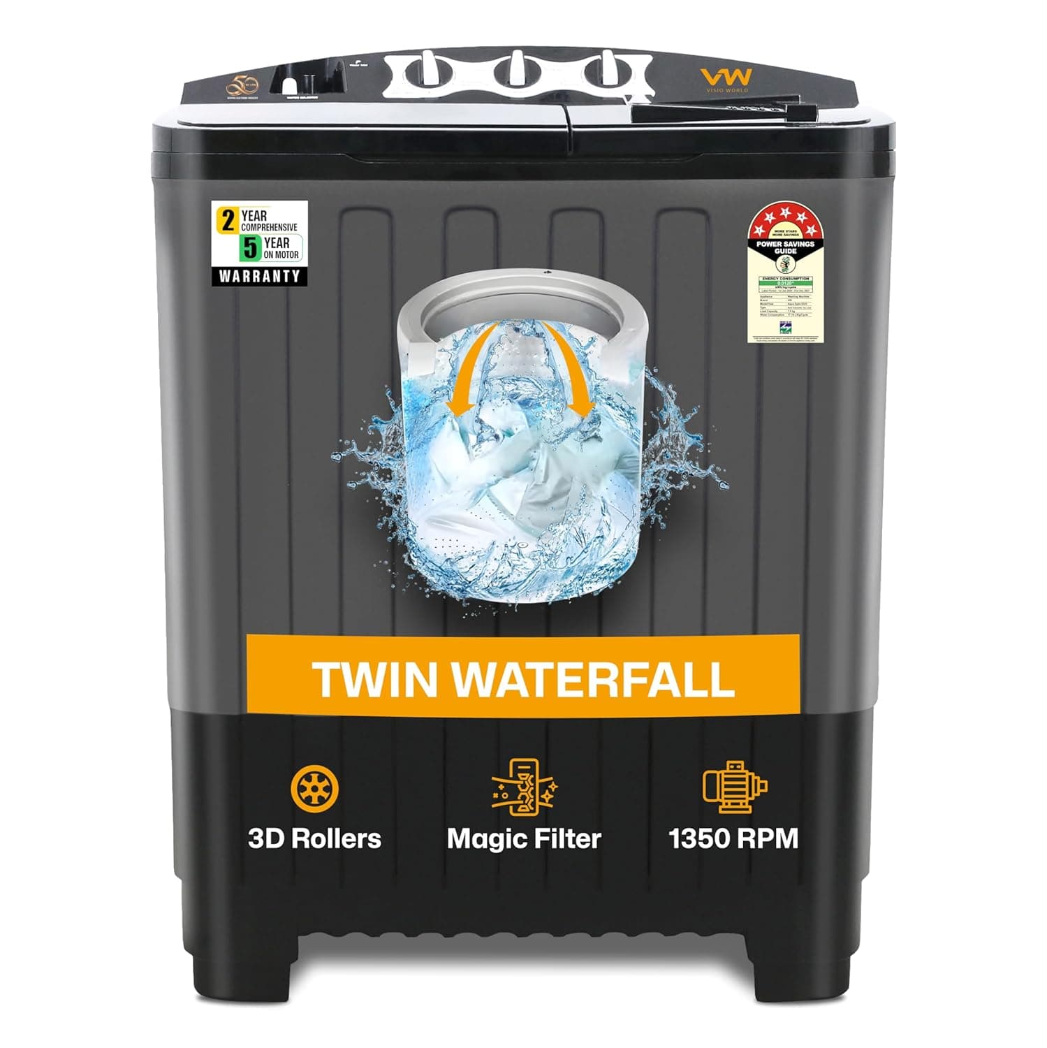 VW 7.5 kg 5 Star Aqua Spin Semi Automatic Top Load Washing Machine AquaSpin0075P (Black)